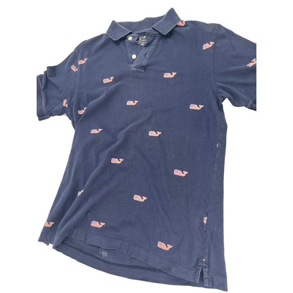 Vineyard Vines Men Polo Shirt XS American Flag Whale 100% Pima Cotton Navy Blue